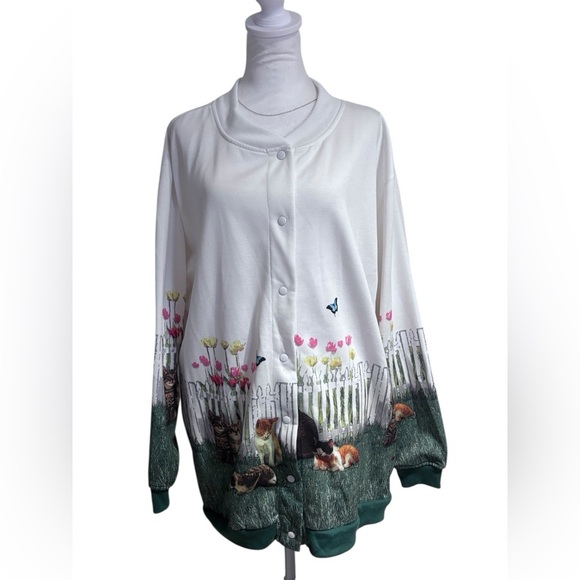 VTG 90s Blair Cat Print Sweatshirt Jacket 2XL Garden Scene Snap Front - Picture 1 of 6